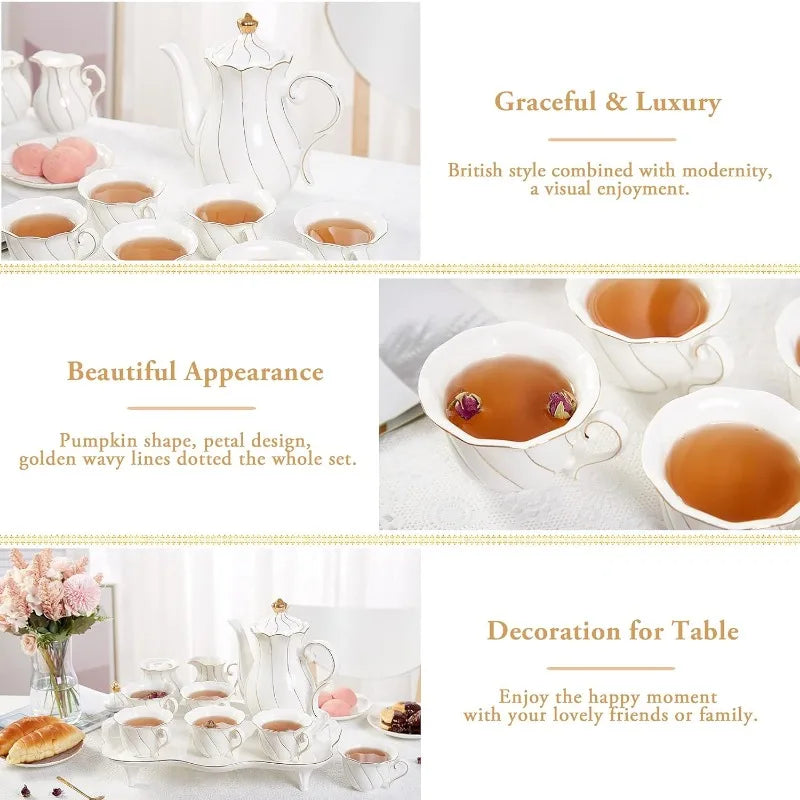 14 pcs Tea Set for 6 with Tea Tray & Spoons, Luxury British Style Tea/Coffee Cup Set with Golden Trim