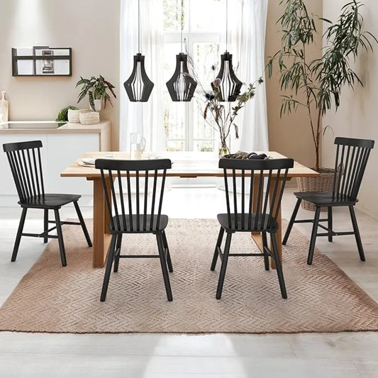 Set of 4, Spindle Back Wooden Chairs for Kitchen and Dining Room, Black