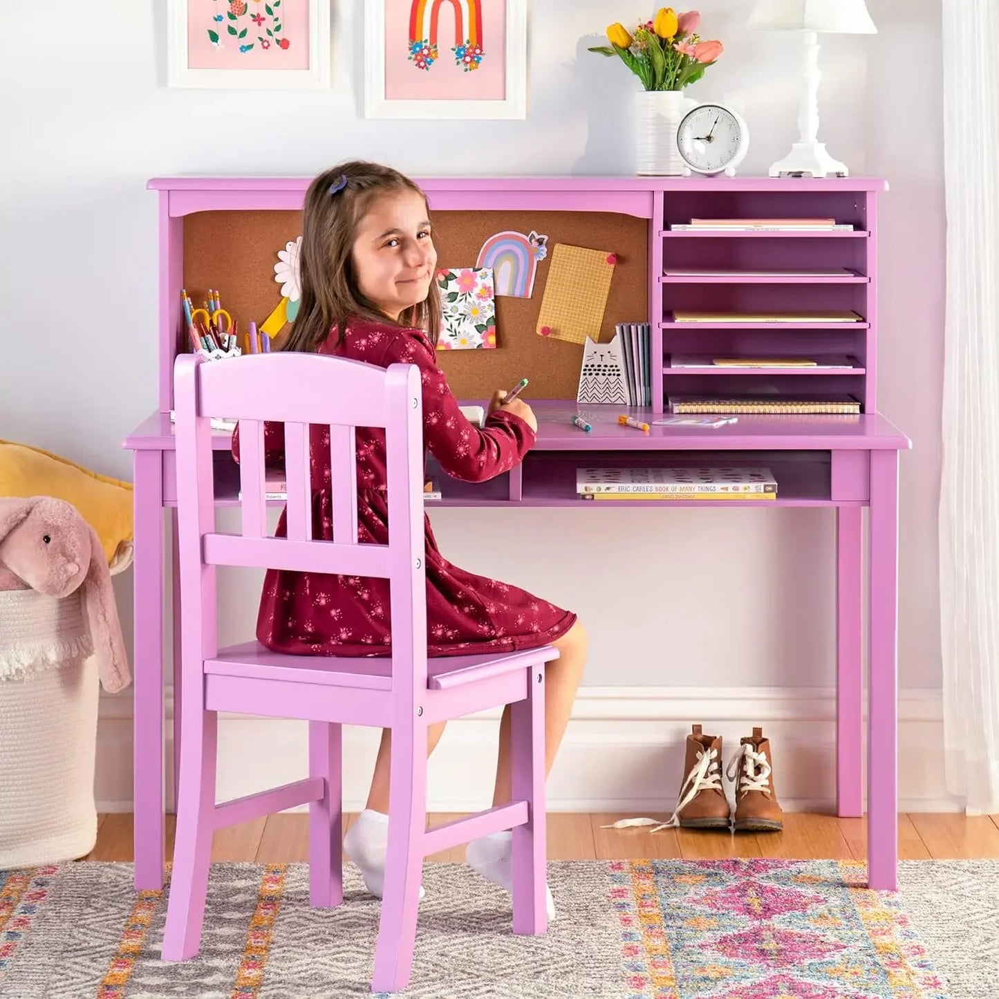 Children’s Wooden Media Desk and Chair Set with Hutch and Storage