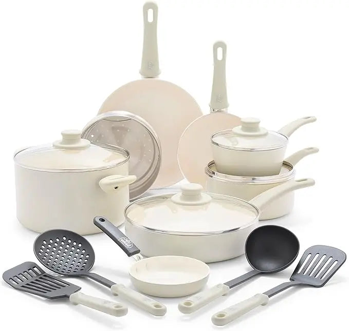 Soft Grip 16 Piece Ceramic Nonstick Cookware Set, Non-Toxic PFAS-Free Frying