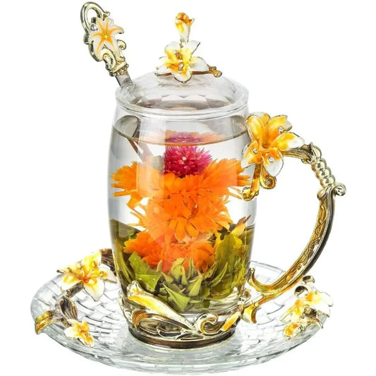 Unique Glass Tea Cup with Lid, Spoon, Saucer