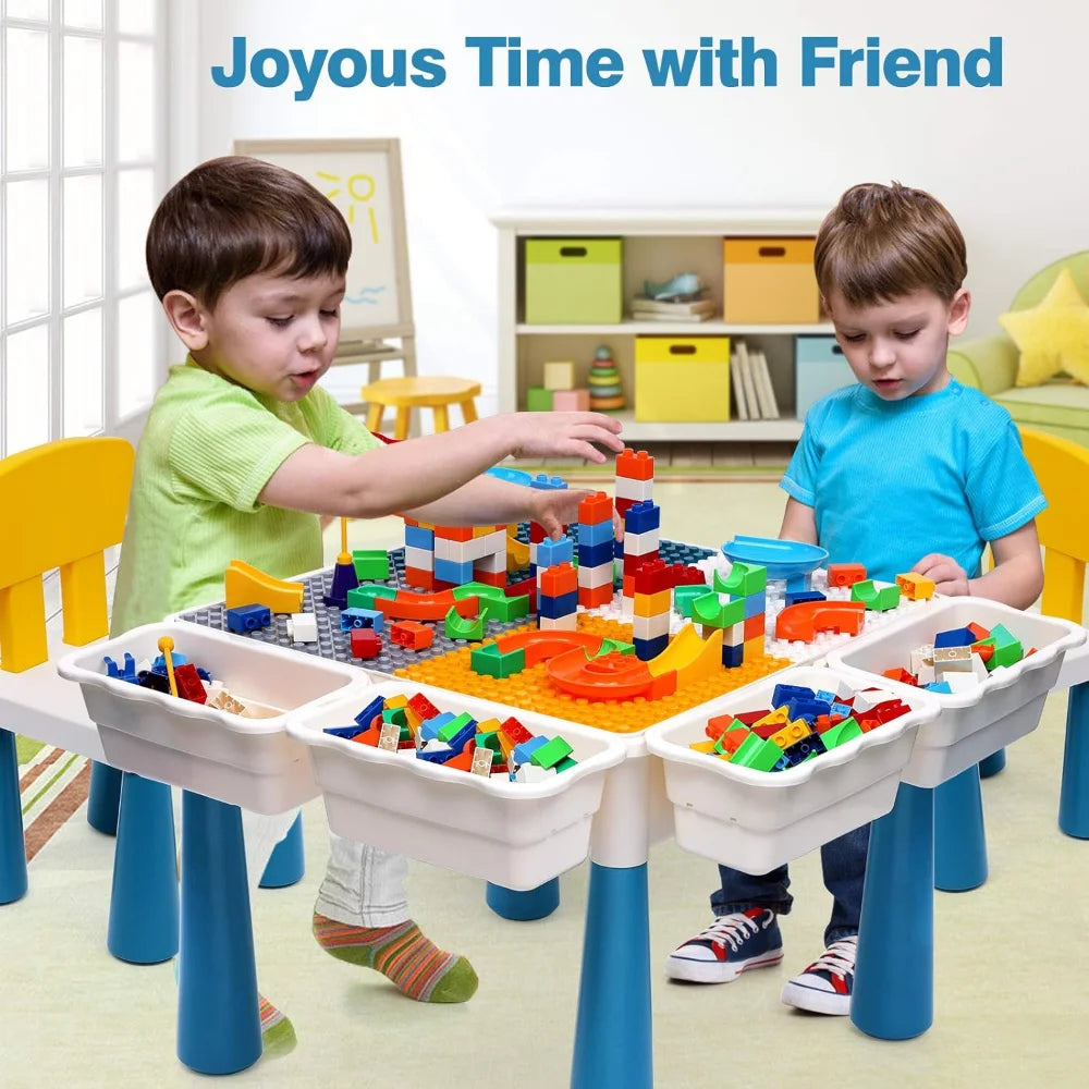 7 in 1 Kids Activity Table and Chair Set with 152Pcs Large Marble Run Building Blocks