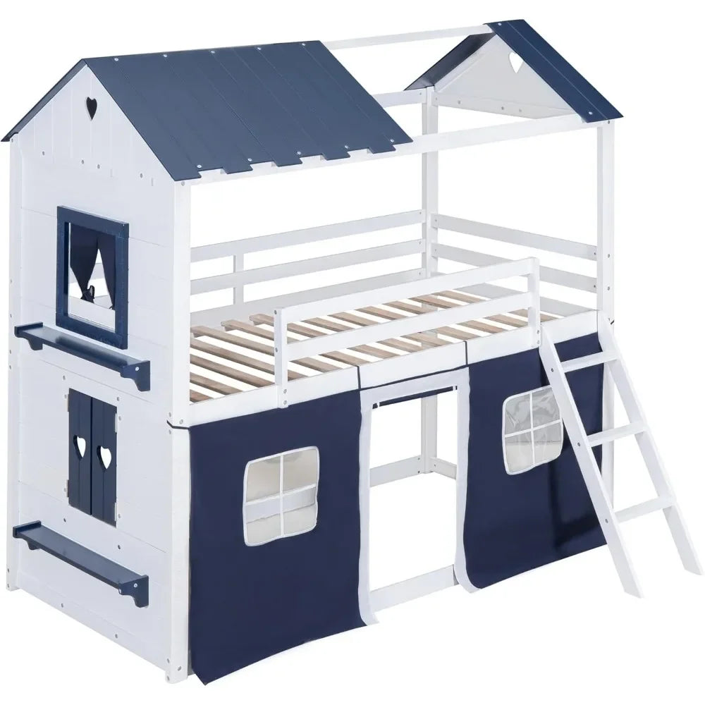 Kids House Loft Bunk Bed with Tent, Ladders, Guardrail, Windows & Roof