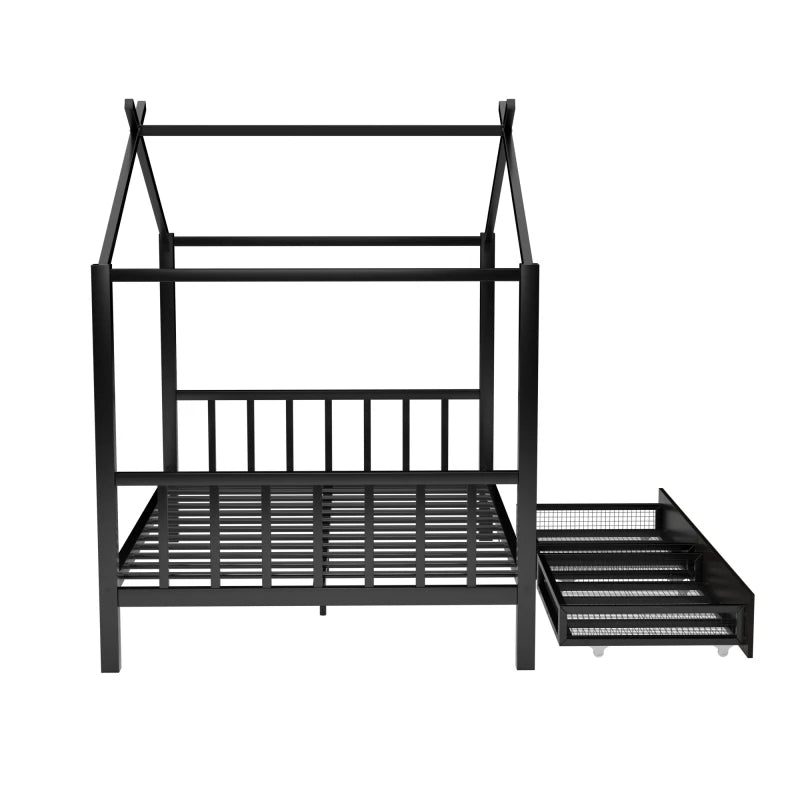 Wooden House Bed Frame for Kids with Ample Storage Options, Roof Design