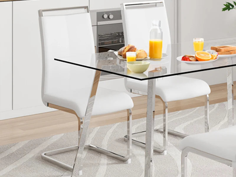 Rectangle Dinner Table with 4 White Leather Kitchen Chairs