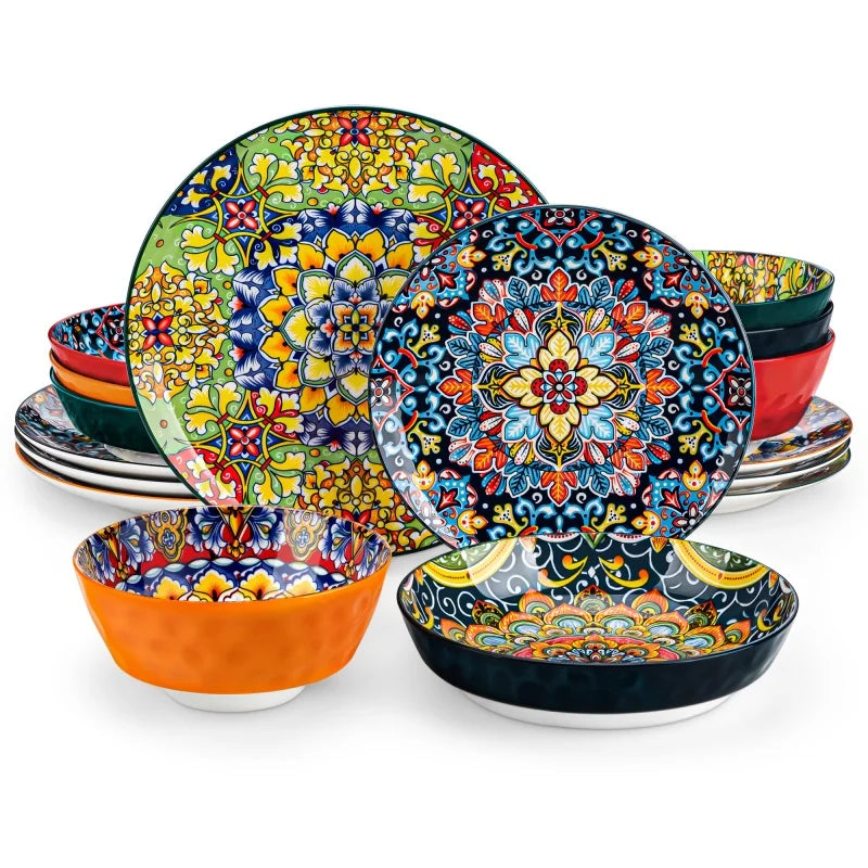 12/16/24 Piece Malacasa Bohemia Retro Ceramic Dinnerware Set