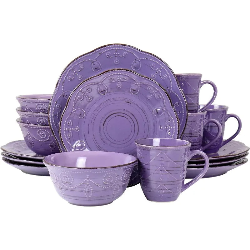 16 Piece Embossed Scalloped Stoneware Round Dinnerware Set