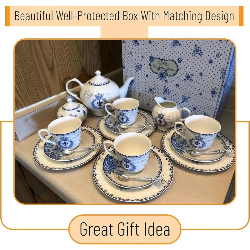 Blue Dream Tea Set, cups (8oz), Pot (48oz), Creamer and Sugar Set, Gift box