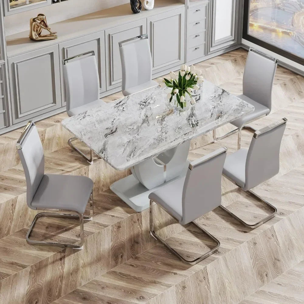 Faux Marble Table Top Dining Table Set for 6
