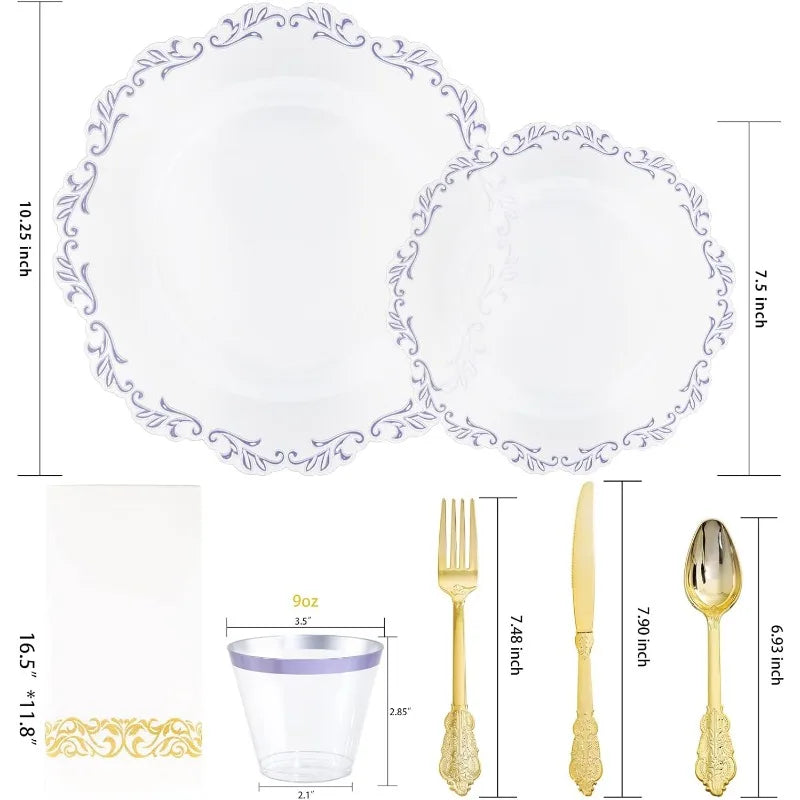 175PCS Clear Green Plastic Plates & Gold Plastic Silverware & Clear Green Cups & Gold Napkins, Service 25 Guest