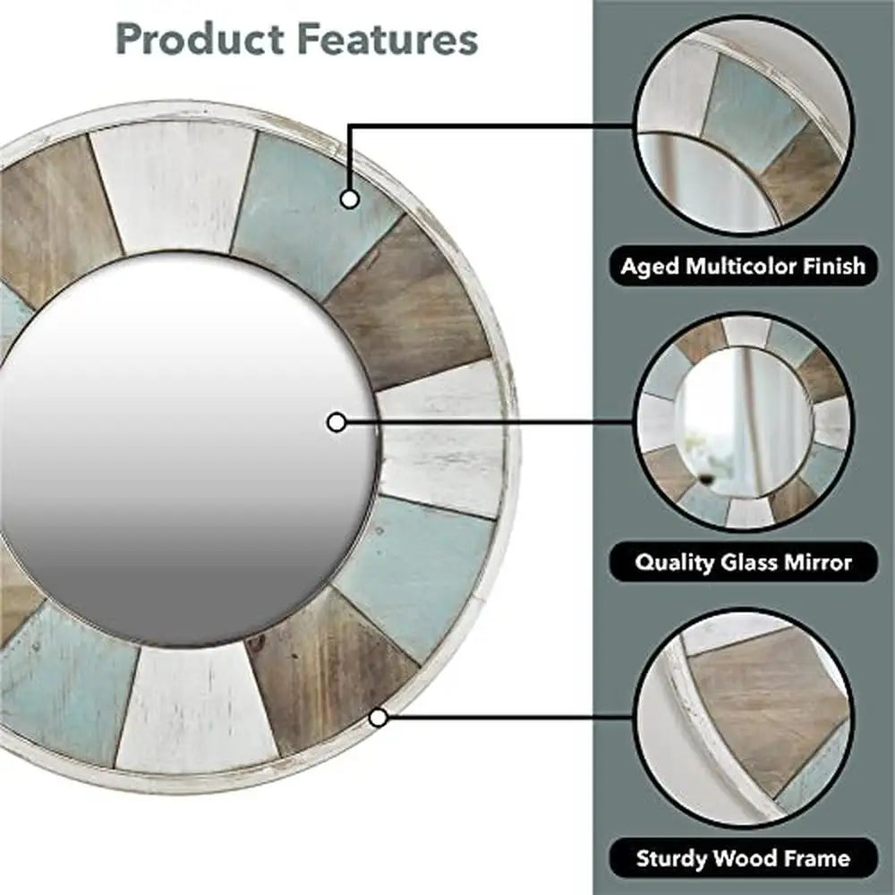 27" Round Distressed Teal White Brown Wall Mirror