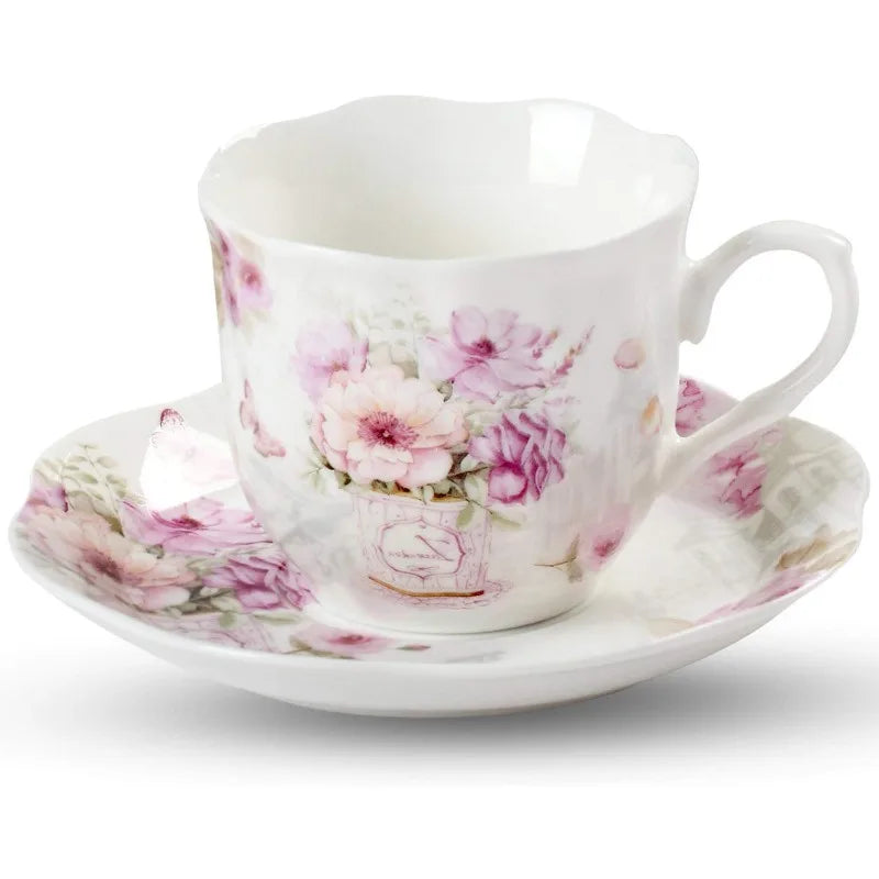 12 pcs Purple Floral Porcelain China Tea Cups and Saucers Set