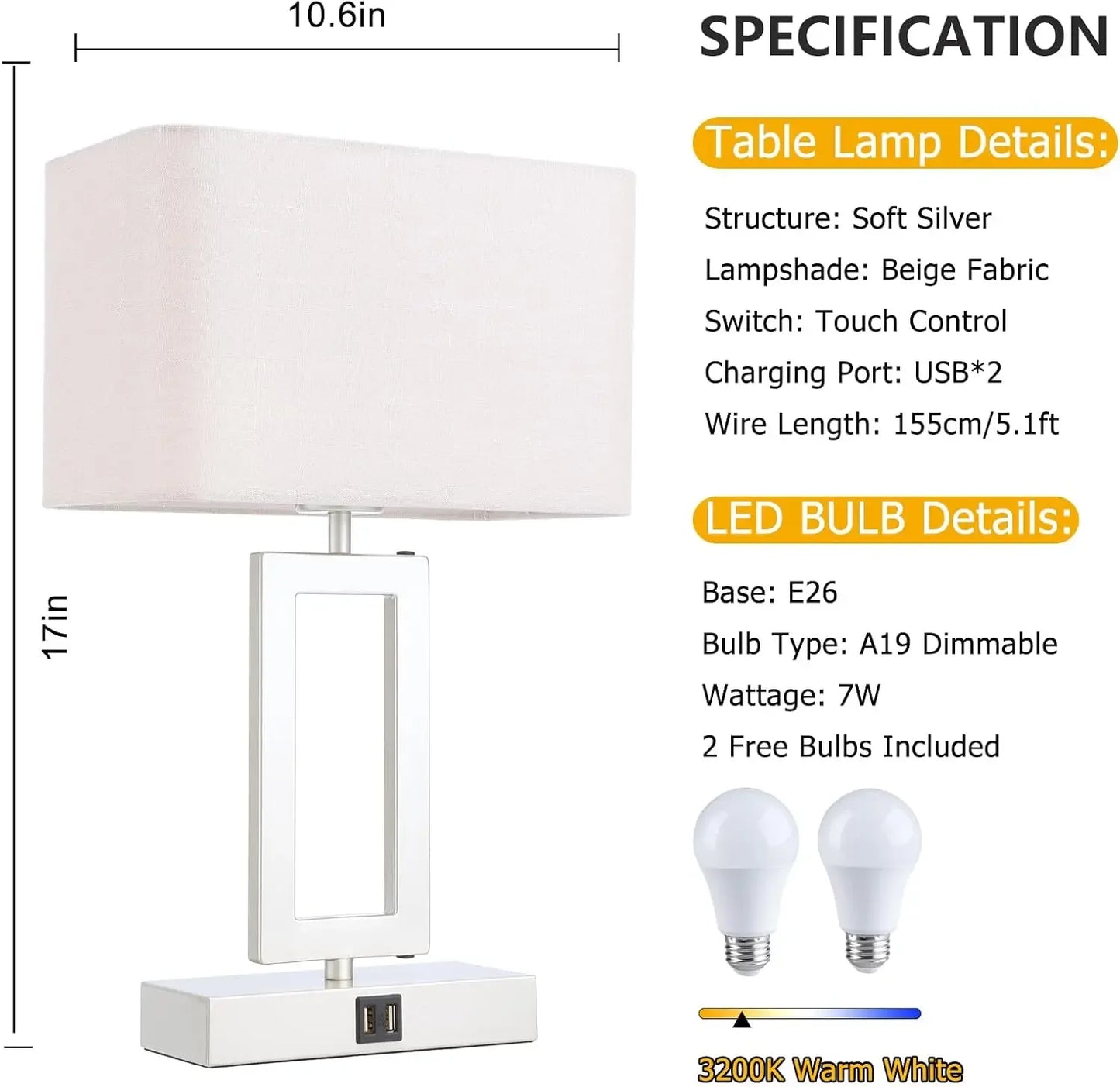 Set of 2 Touch Control Table Lamps with 2 USB Ports 3-Way Dimmable Bedside Nightstand Lamps