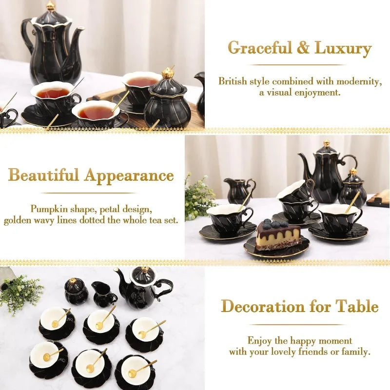 22 pcs Porcelain Tea Set for 6, Luxury British Style Tea/Coffee Cup Set with Golden Trim