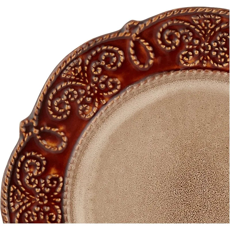 Round Decorated Scallop Embossed Dinnerware Dish Set, 16 Piece