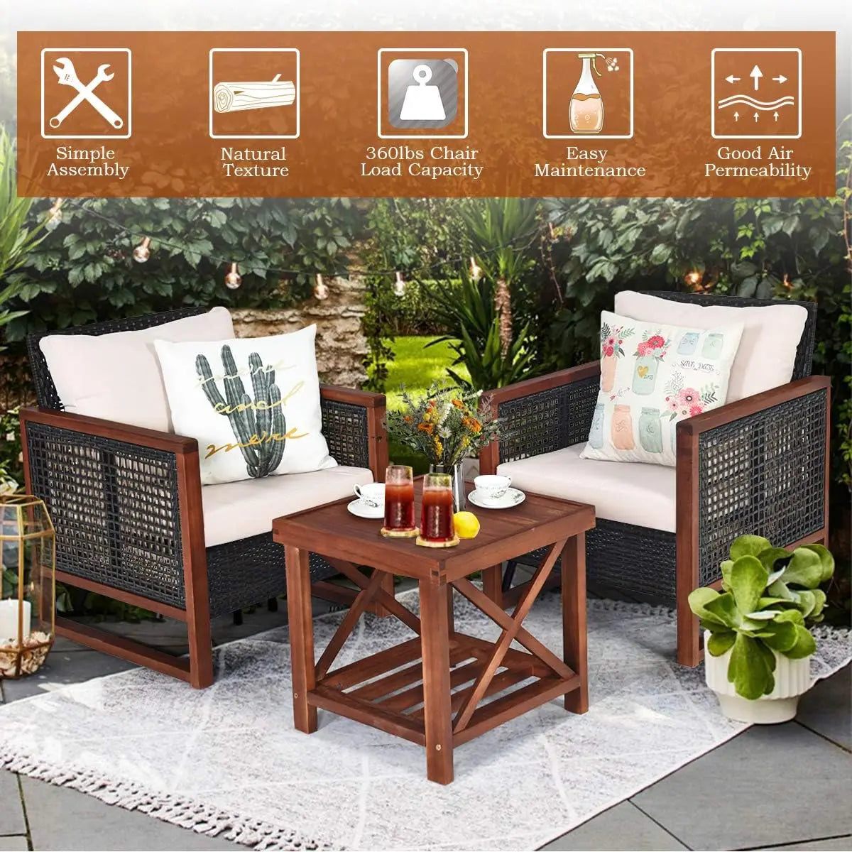 3 Piece Wicker Patio Furniture Set w/Washable Cushion & Acacia Wood Coffee Table