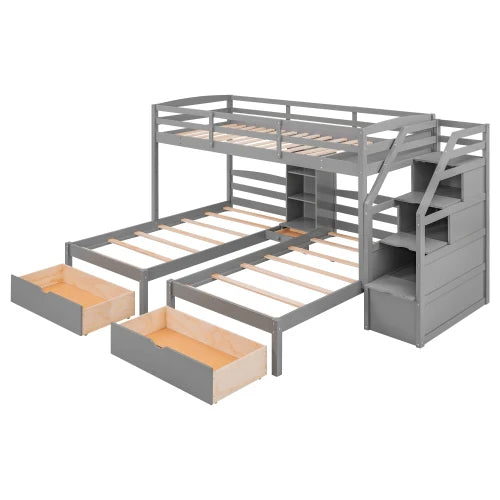 Wood Full over Twin & Twin Bunk Bed,Triple Bunk Bed with Drawers