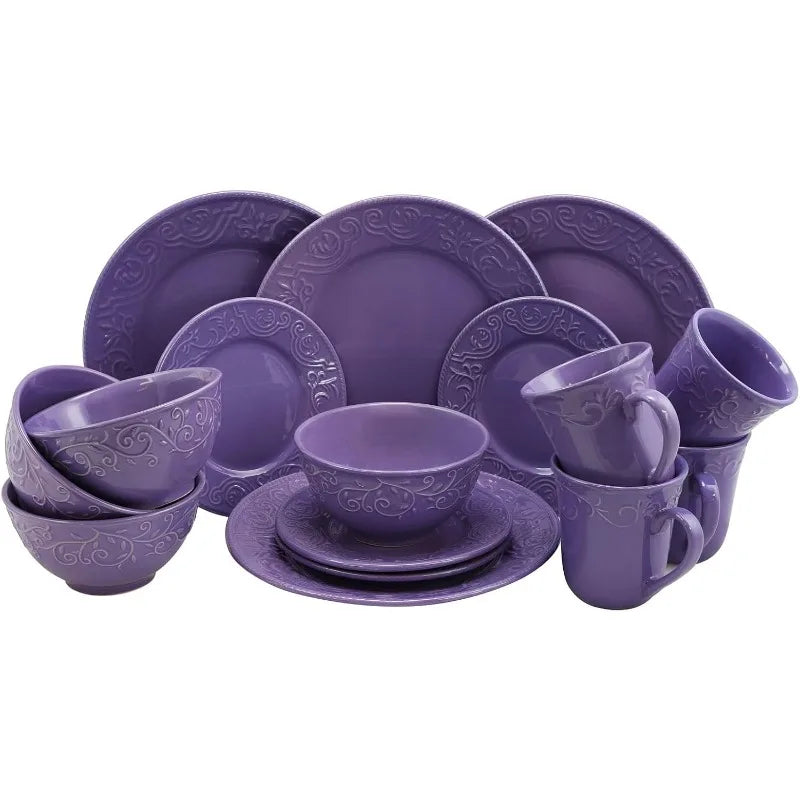 Embossed Elegant Round Stoneware Dinnerware Dish Set, 16 Piece Set, Lilac Purple