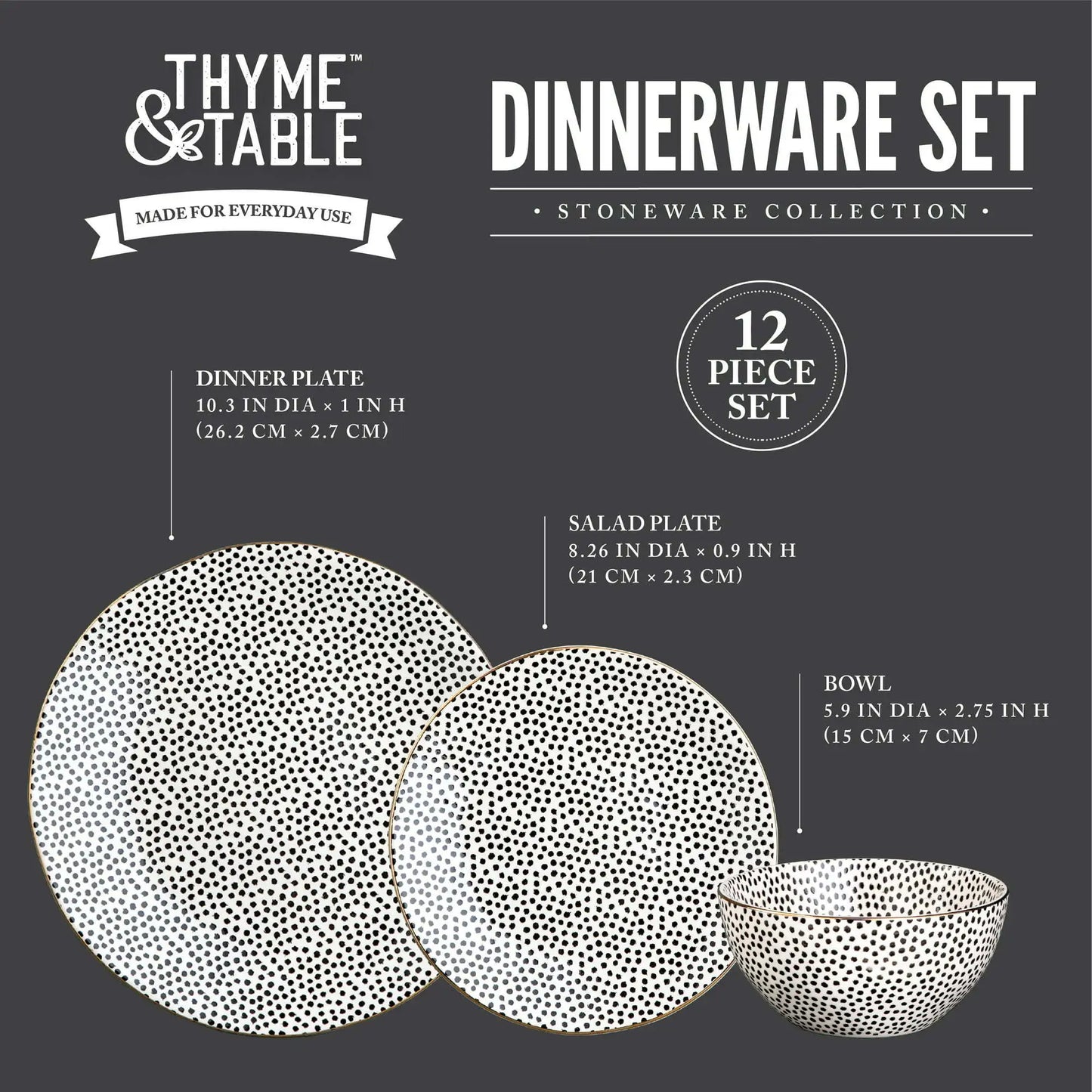 Thyme & Table Black & White Dot Stoneware, 12 Piece Set