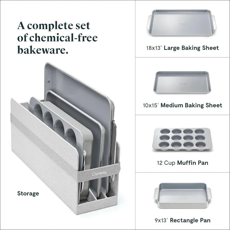 Nonstick Ceramic Bakeware Set (11 Pieces) - Baking Sheets, Assorted Baking Pans, Cooling Rack, & Storage