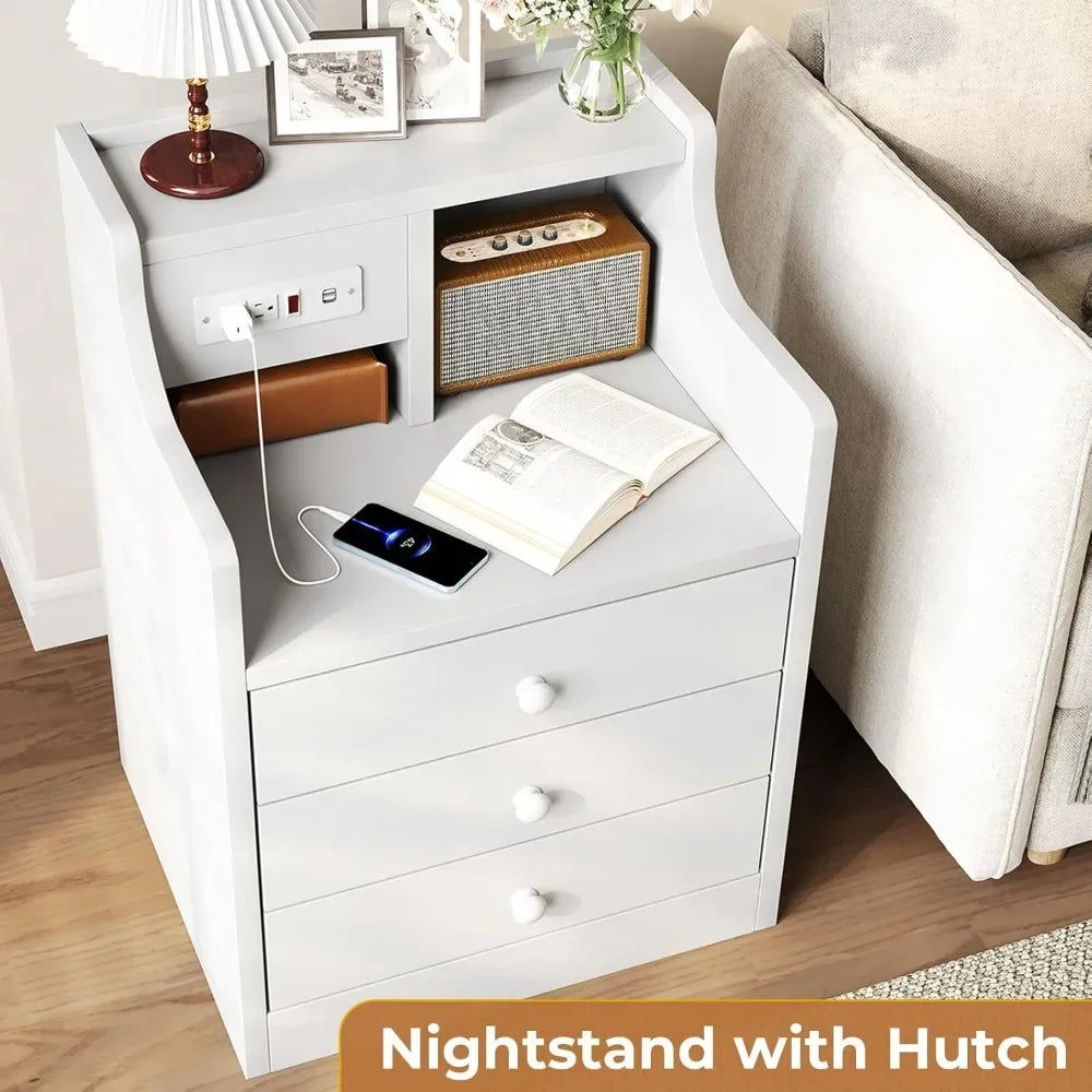 Nightstand with Charging Station, 3 Storage Drawers, Hutch