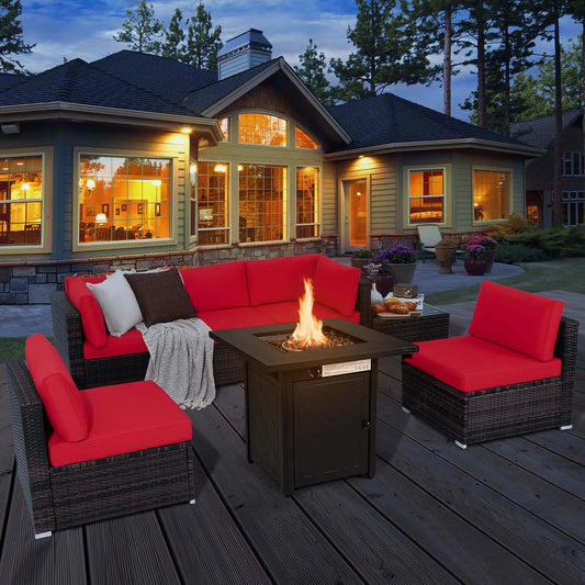 7 PCS Patio Set with 28" 50000 BTU Propane Gas Fire Pit Table, Red