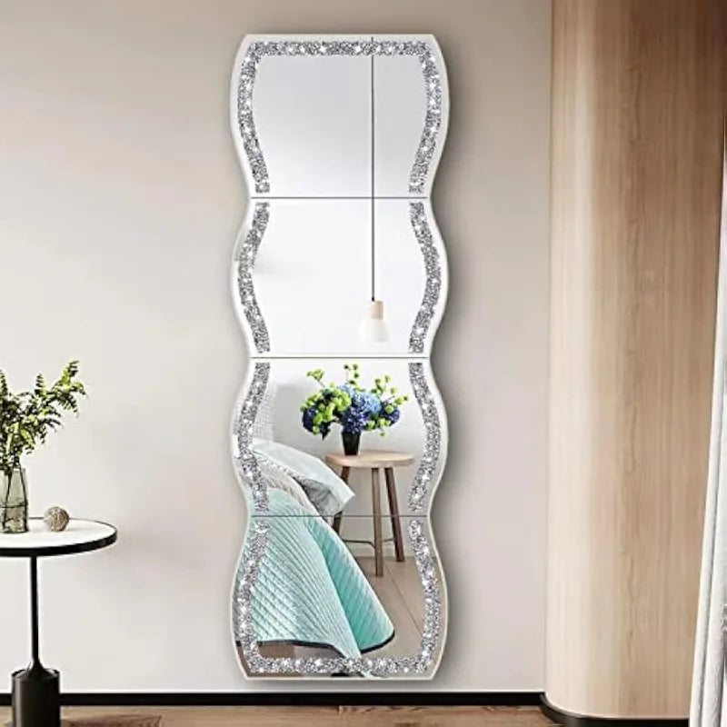 Irregular Wave Pattern Crushed Diamond Full Length Wall Mirror, Set of 4pcs Mirror Tiles,11x15 inch