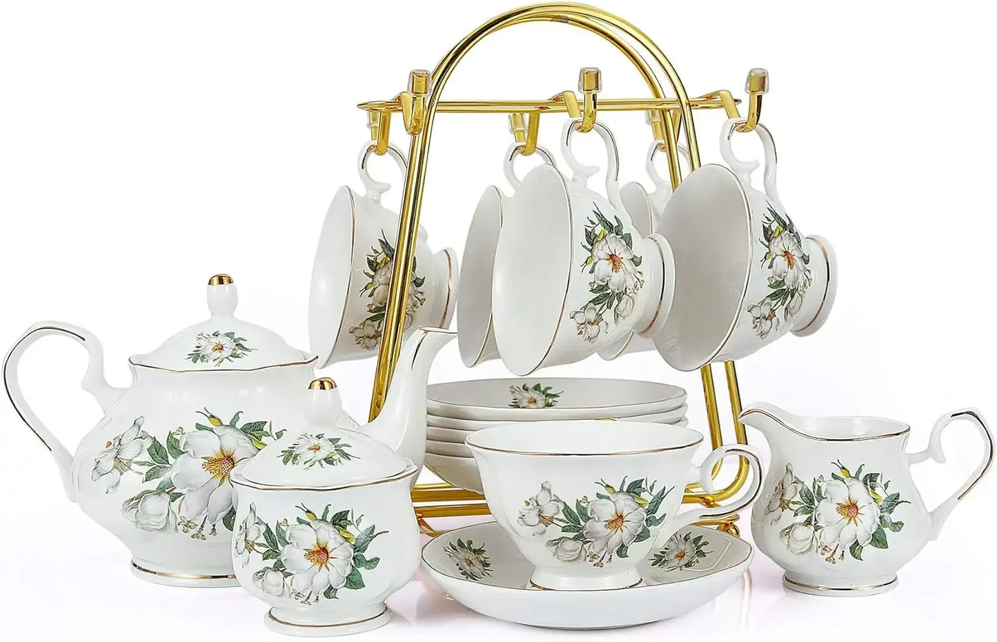 22-Piece Porcelain Ceramic Tea Set, Teapot and Cup Set, for 6