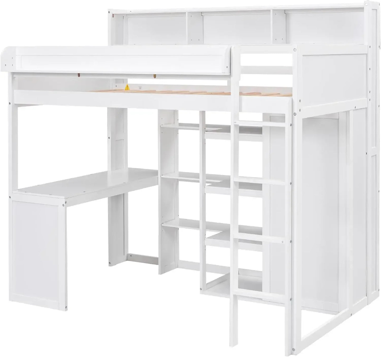 Solid Wood High Loft Bed Frame with Desk & Wardrobe