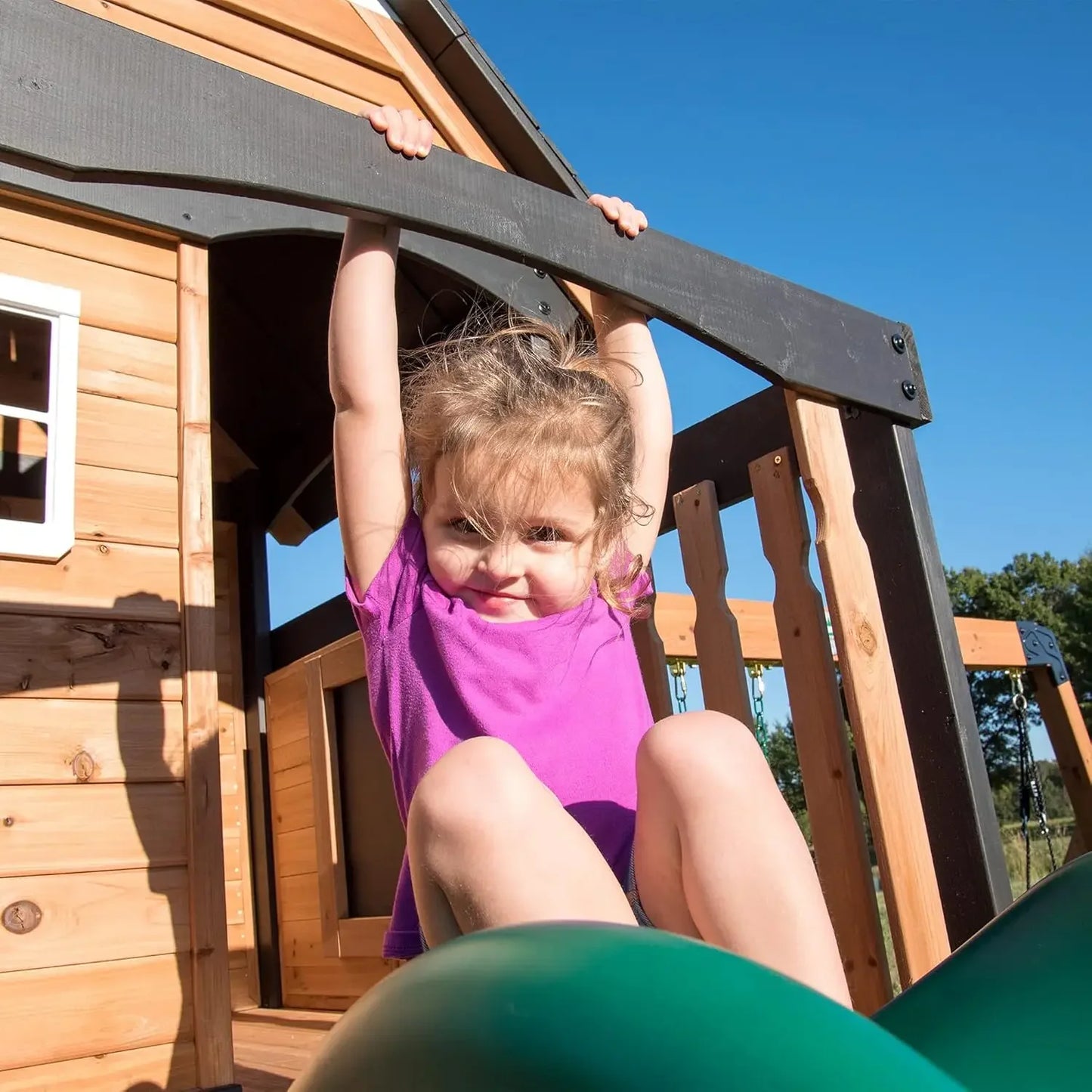 All Cedar Wood Swing Set w/Wave Slide, Grill, Plastic Food, Picnic Area